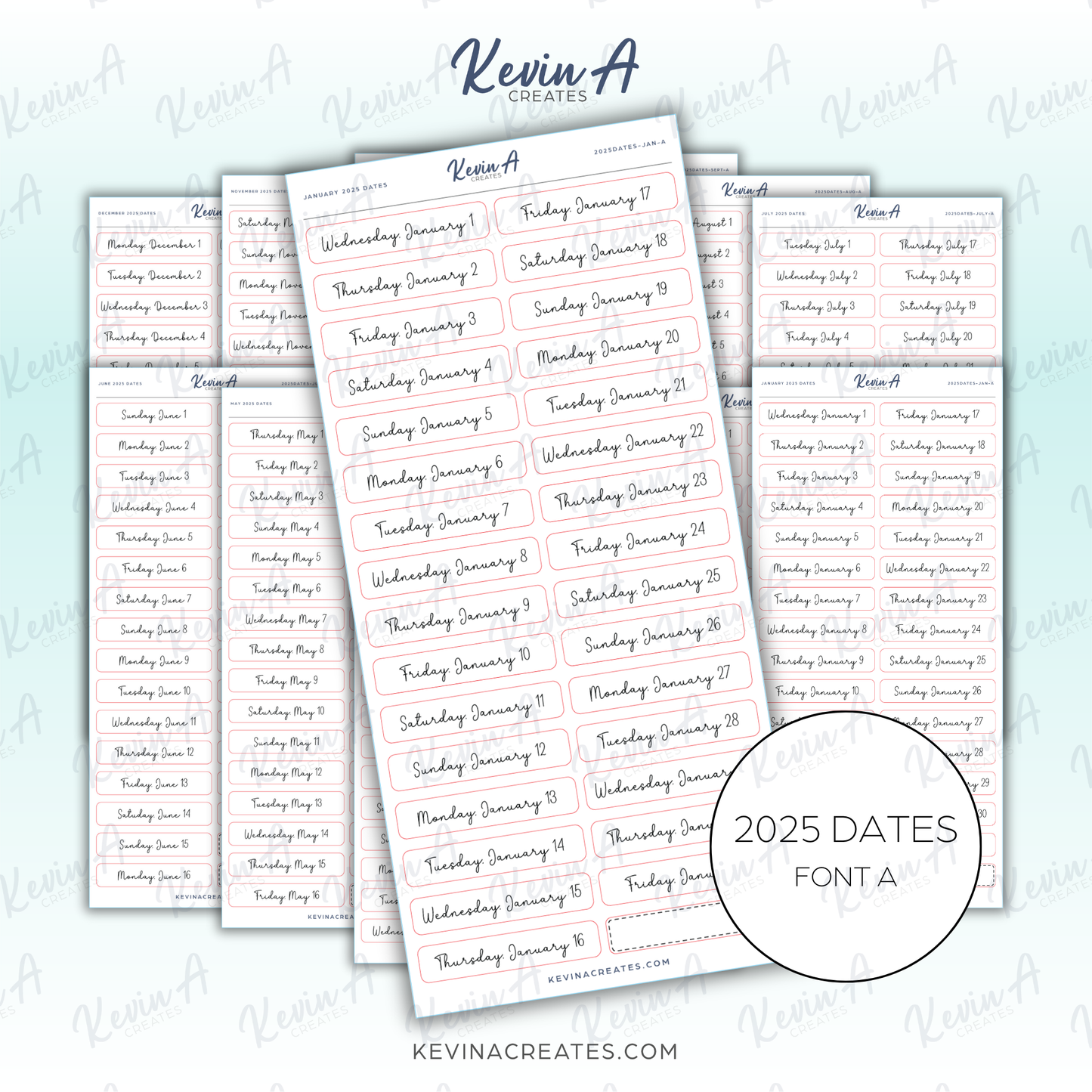 2025 Monthly Date Label Planner Stickers (Font A)