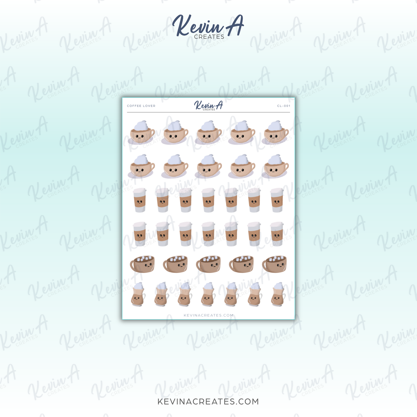 CL-001, Cute Coffee Lover Kawaii Doodles Planner Stickers