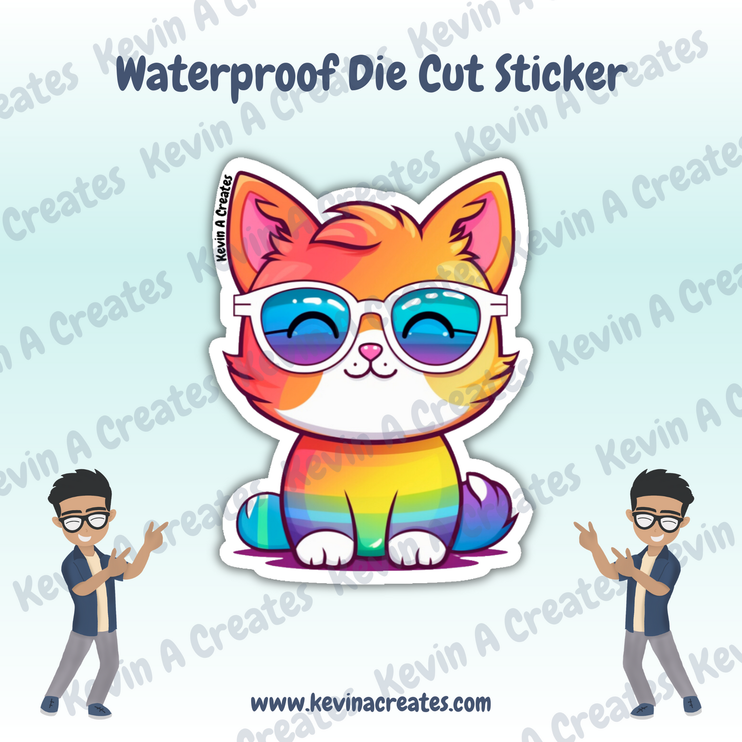 DC-096, Cute Kawaii Rainbow Cat Wearing Sunglasses Doodle Pride Die Cut Stickers