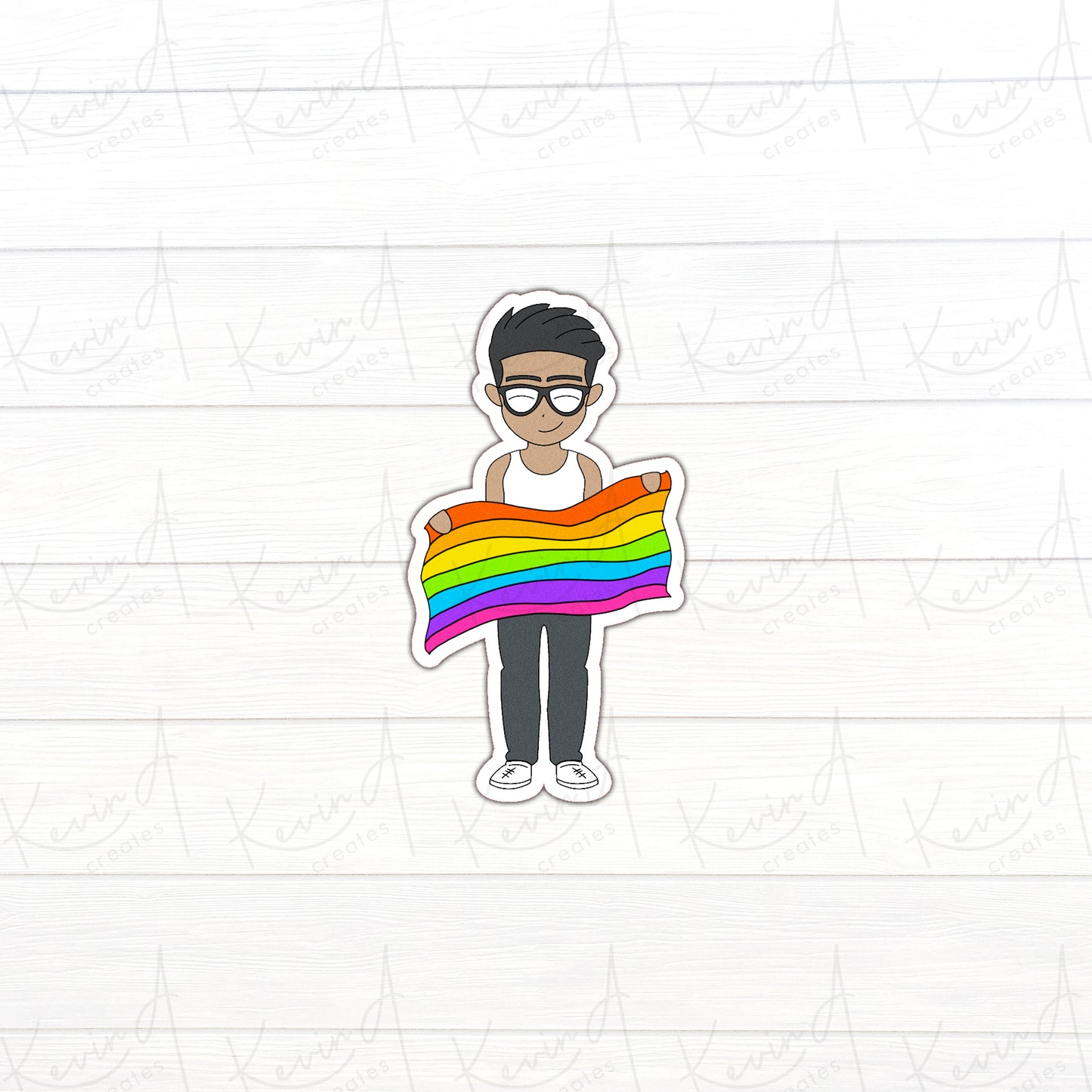 DC-006, Kevin Holding Pride Flag Die Cut Stickers