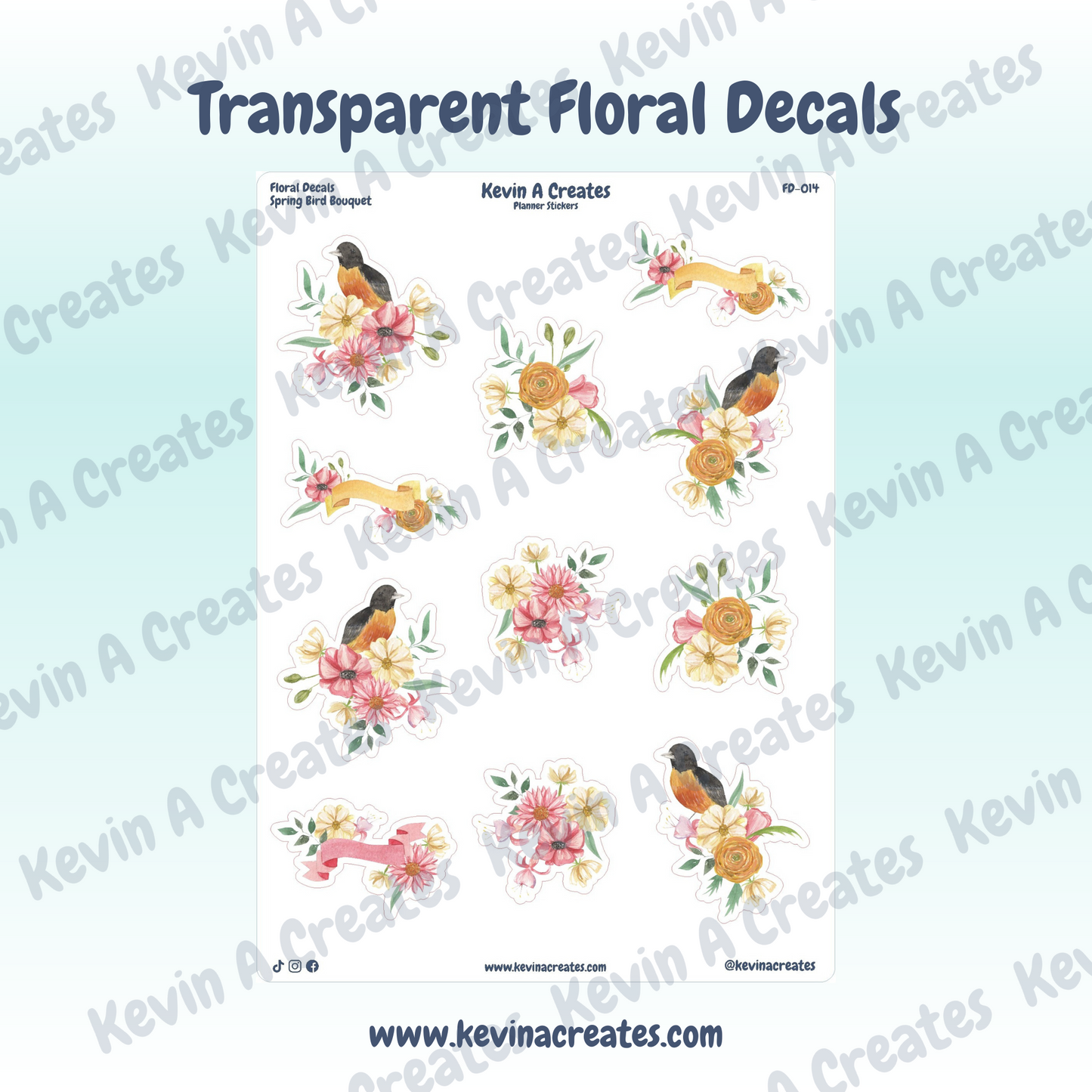 Transparent Spring Bird Bouquet Floral Stickers