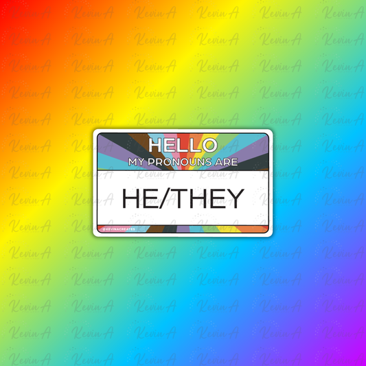 Hello, My Pronouns Are HE/THEY Name Tag Sticker