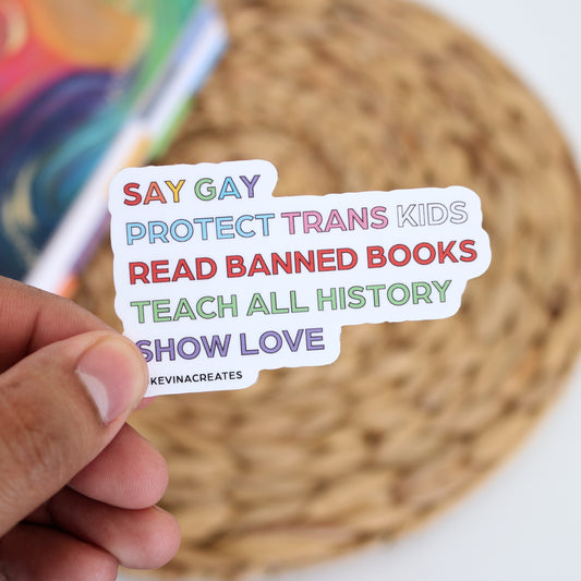 DC-145, SAY GAY, PROTECT TRANS KIDS, READ BANNED BOOKS, TEACH ALL HISTORY, SHOW LOVE Die Cut Sticker