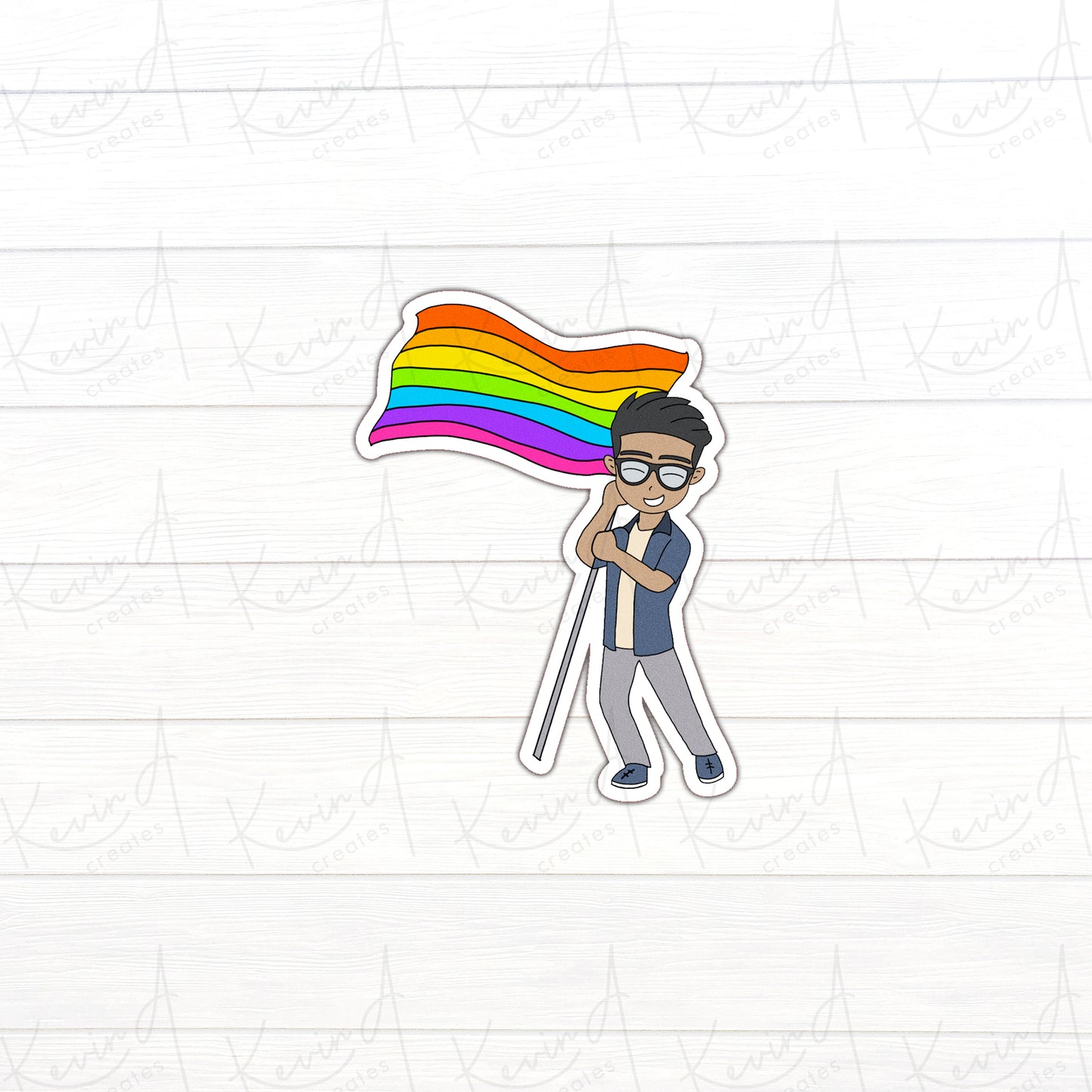 DC-007, Kevin Waving Pride Flag Die Cut Stickers