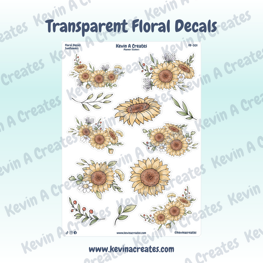 Transparent Sunflower Floral Sticker Sheet
