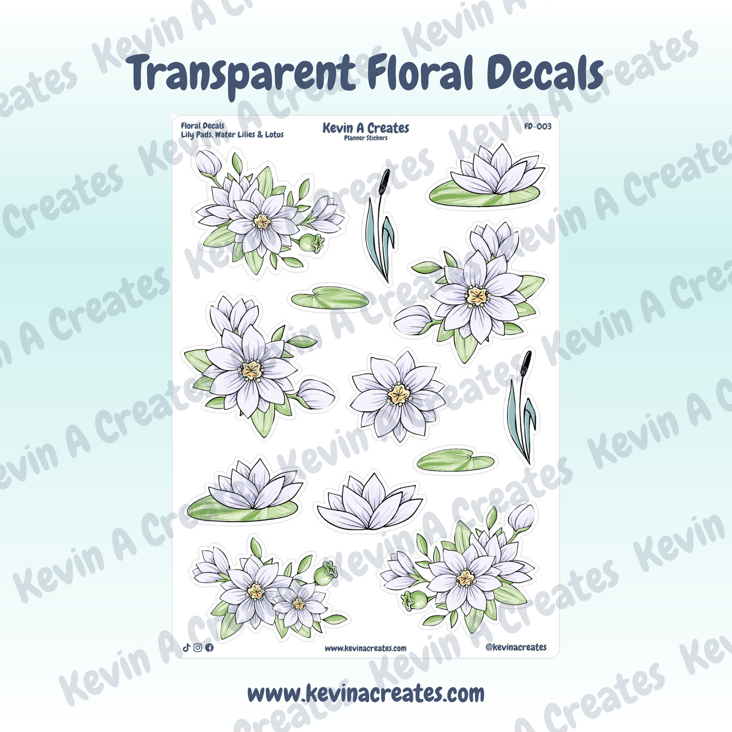 Transparent Lily Pads, Water Lilies, & Lotus Floral Sticker Sheet
