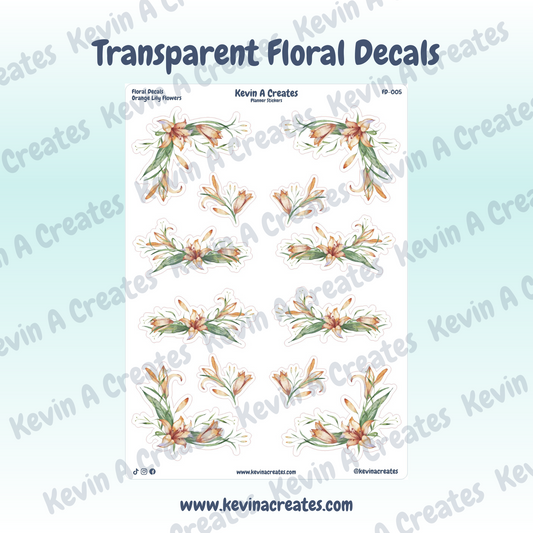 Orange Lily Floral Deco Sticker Sheet