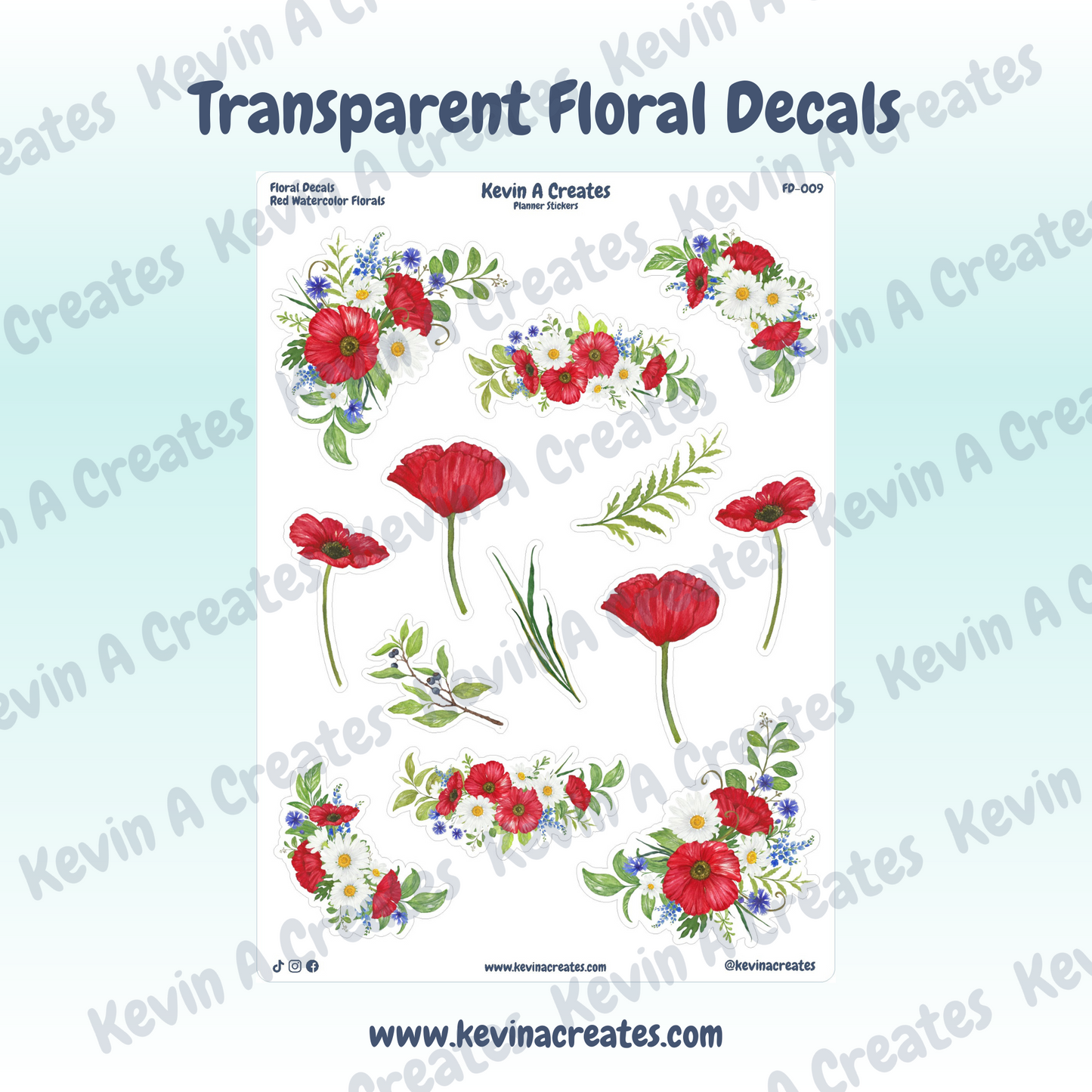 Transparent Red Watercolor Floral Sticker Sheet