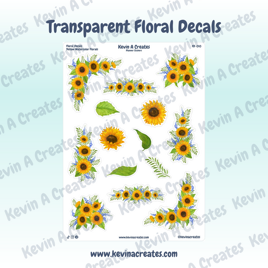 Transparent Yellow Watercolor Floral Sticker Sheet