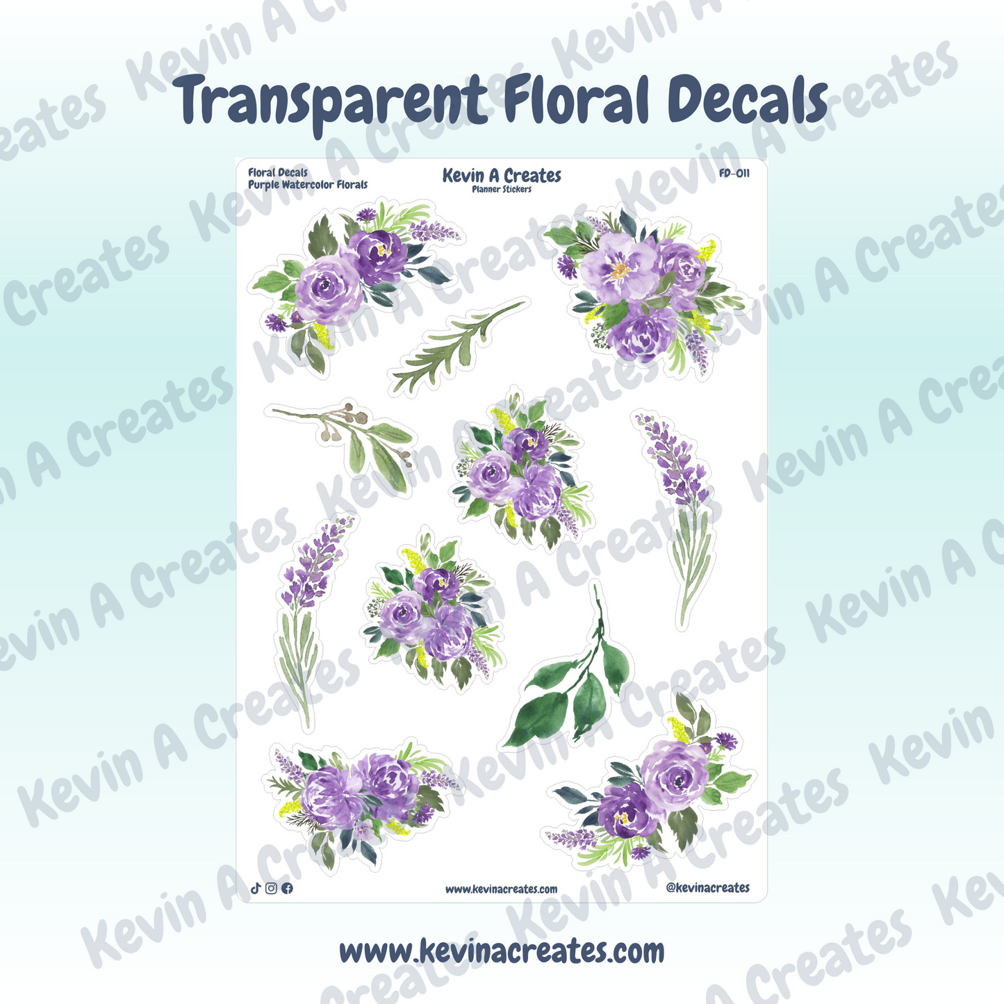 Transparent Purple Watercolor Floral Sticker Sheet