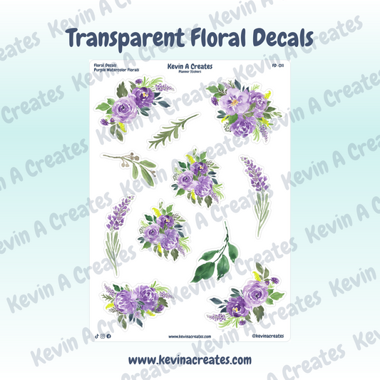 Transparent Purple Watercolor Floral Sticker Sheet
