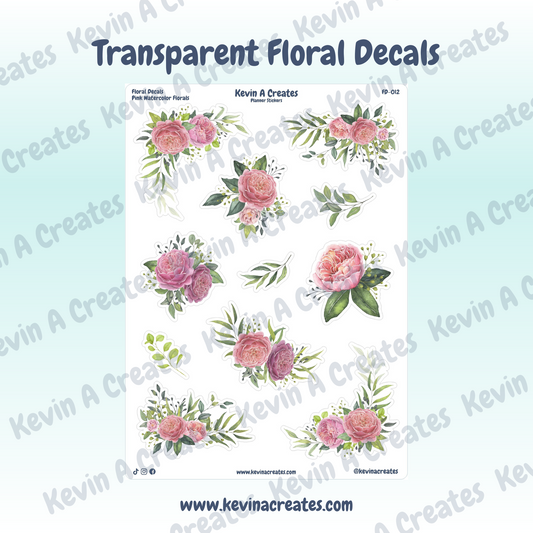 Transparent Pink Watercolor Floral Sticker Sheet