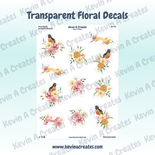 Transparent Spring Bird Bouquet Floral Stickers